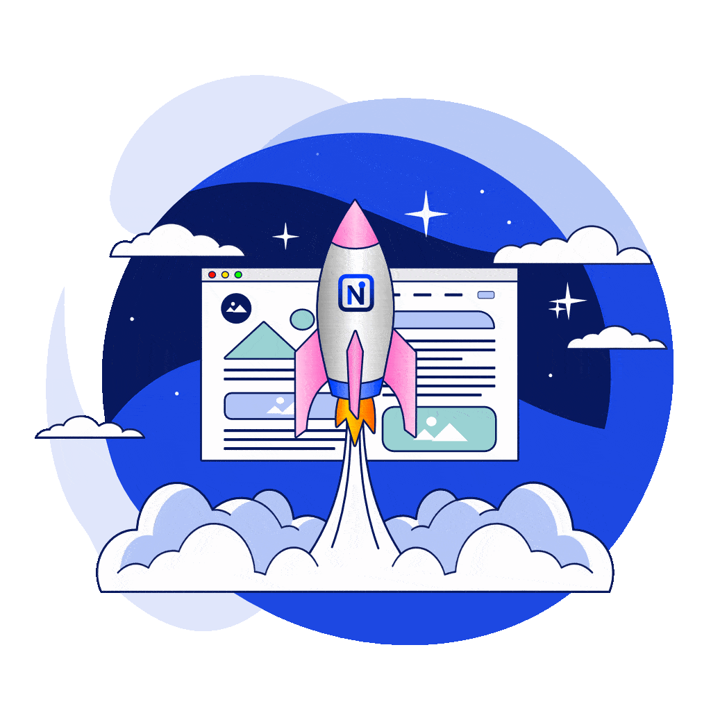 Une fusée qui survole une page de site internet, le tout sur fond de ciel étoilé avec étoiles filantes