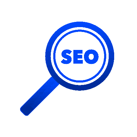 Pictogramme d'une loupe qui zoom sur le mot SEO qui grossi et rétréci successivement