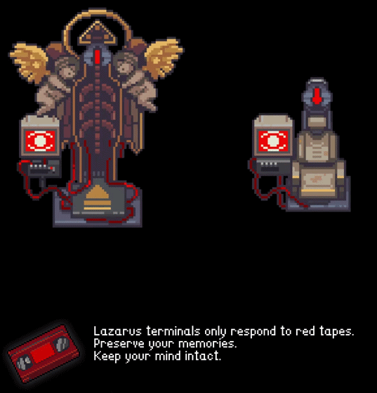 Pixel art shows two Lazarus terminals, one dark and winged, another light and blocky, beside a red cassette tape for memory