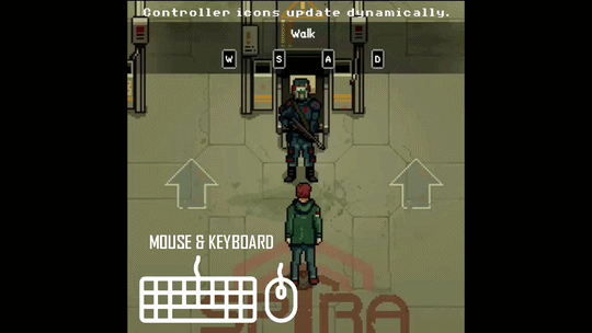 Pixel art game interface showing dynamic WASD keyboard control icons for character movement.