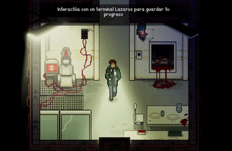 Pixel art survival horror game showing a character near a Lazarus terminal and bloody scene.