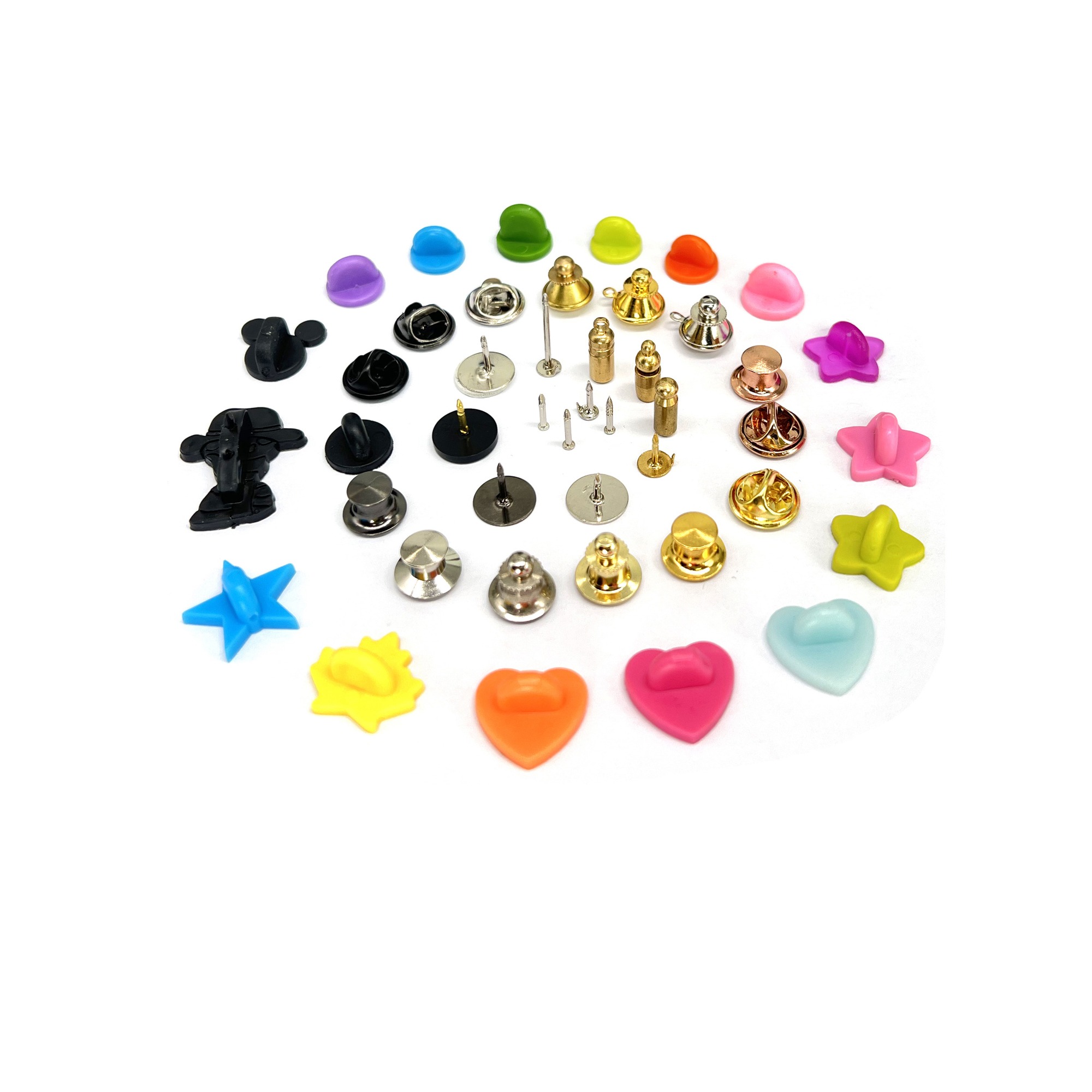 Enamel pin backing options including butterfly clutch, rubber clutch, magnet, and safety pin