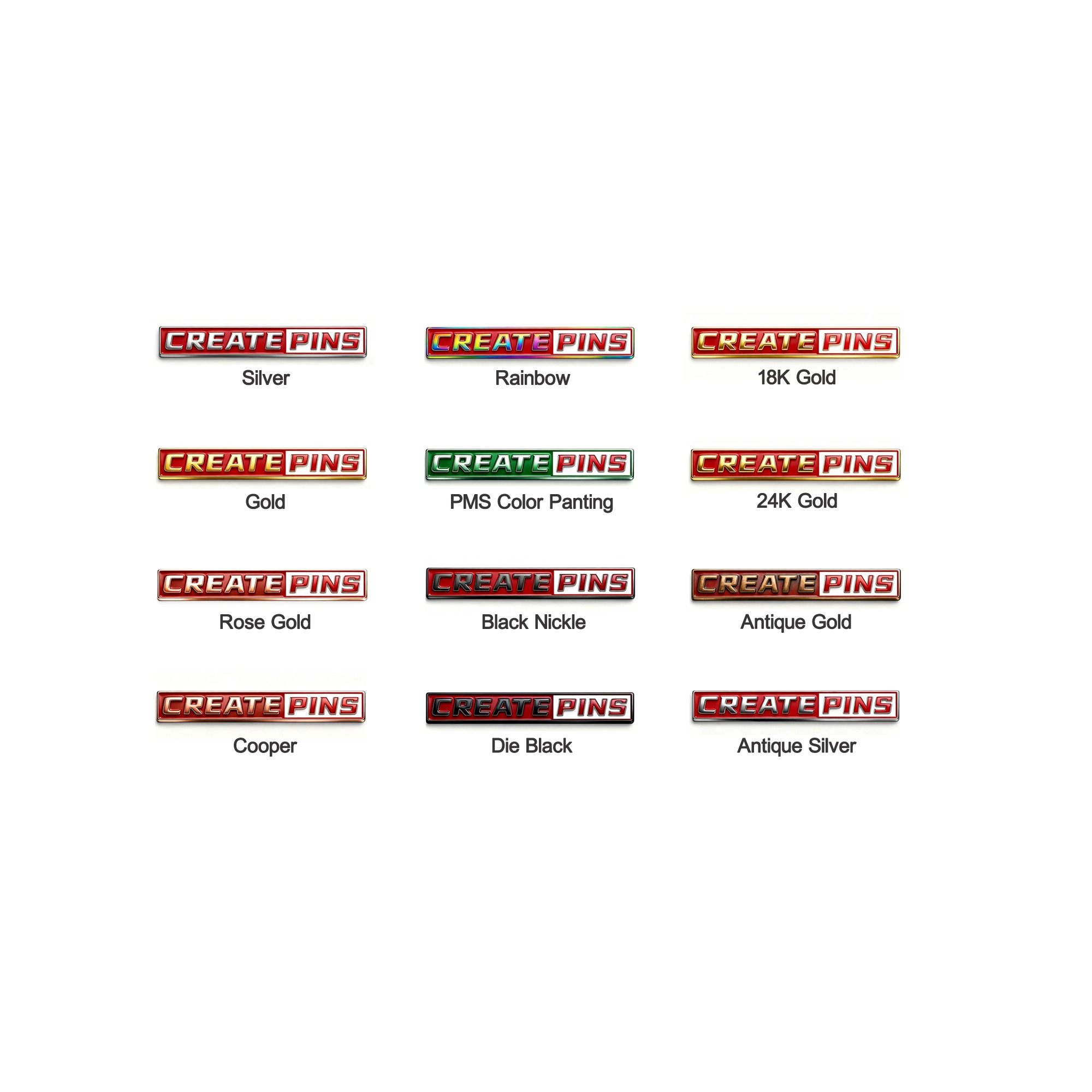 Enamel pin metal color options including gold, silver, black nickel, and antique finishes