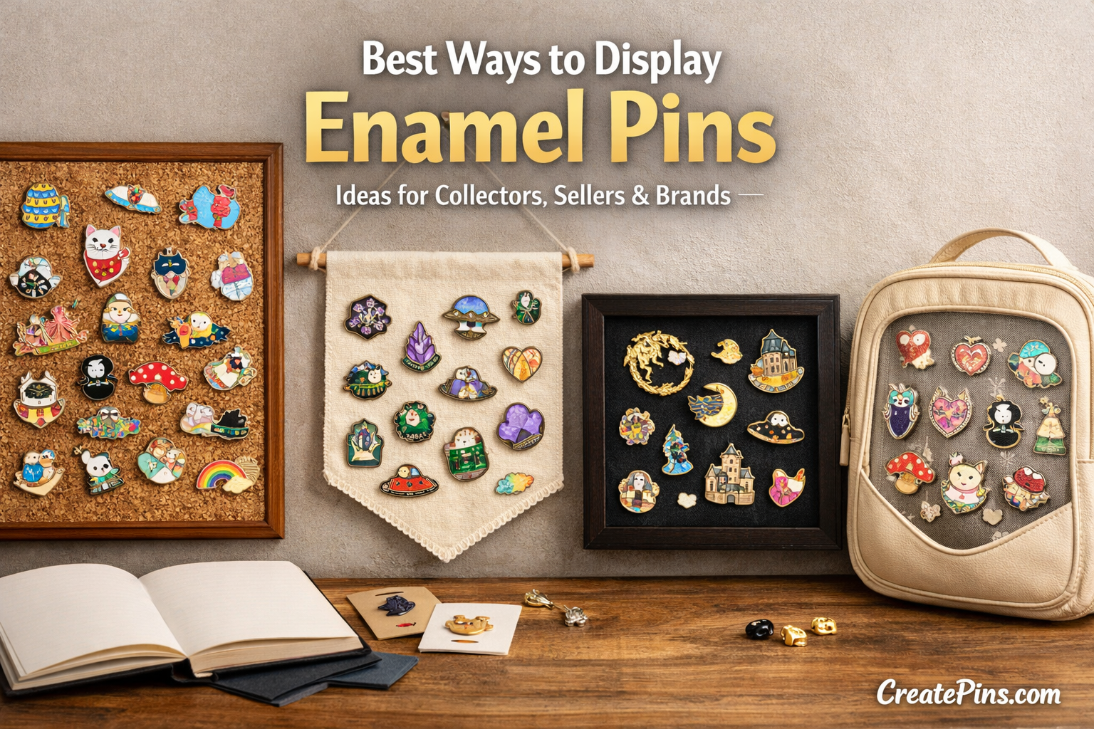 Creative ways to display enamel pins - various pin display methods including cork boards, banners, and shadow boxes