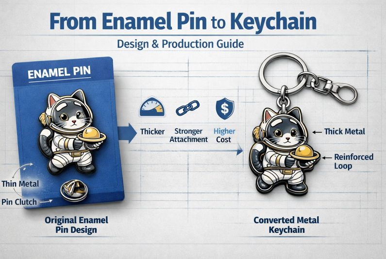 Enamel pin design being converted into a custom keychain