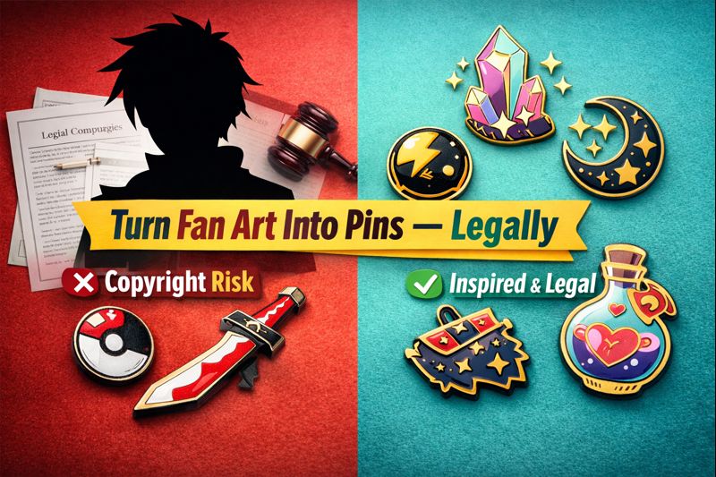 How to Turn Fan Art into Custom Pins Legally — Illustrated guide showing fan art being transformed into enamel pin designs