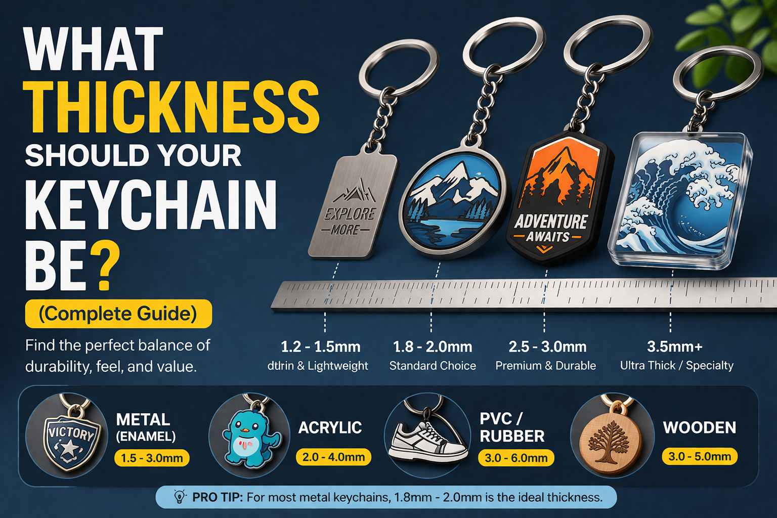 Custom keychain thickness guide — comparing thin, standard, premium, and ultra-thick options
