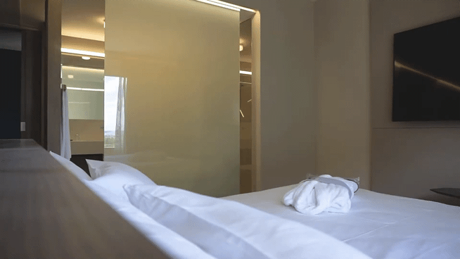 Smart glass hotel room. Create separate spaces within your room for rest and relaxation, or instantl
