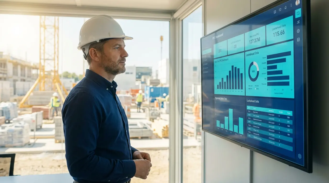 Administrador de obra revisando información ejecutiva en obra