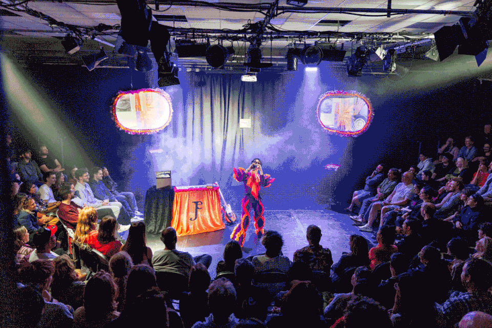 Gif of Jazz Emu rocking out at the Edinburgh Fringe with confetti flying around