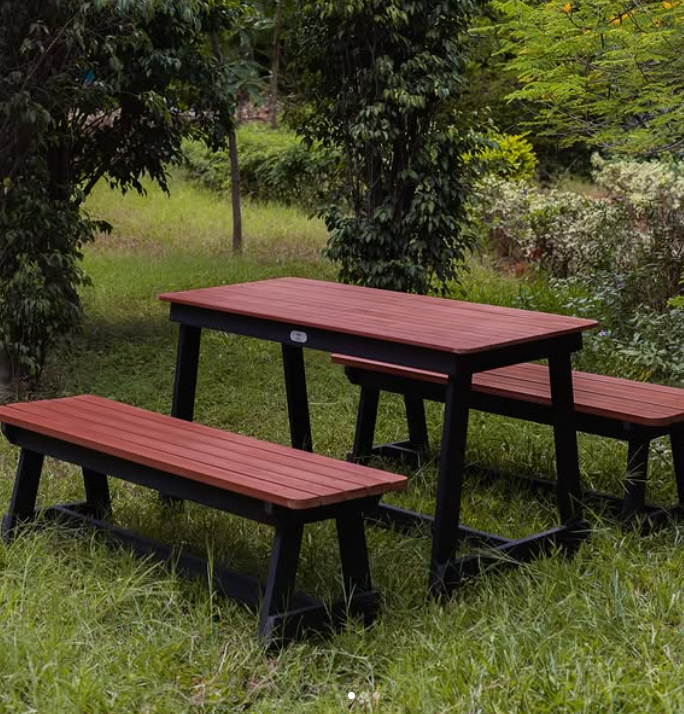 Outdoor furniture installation with loungers and benches