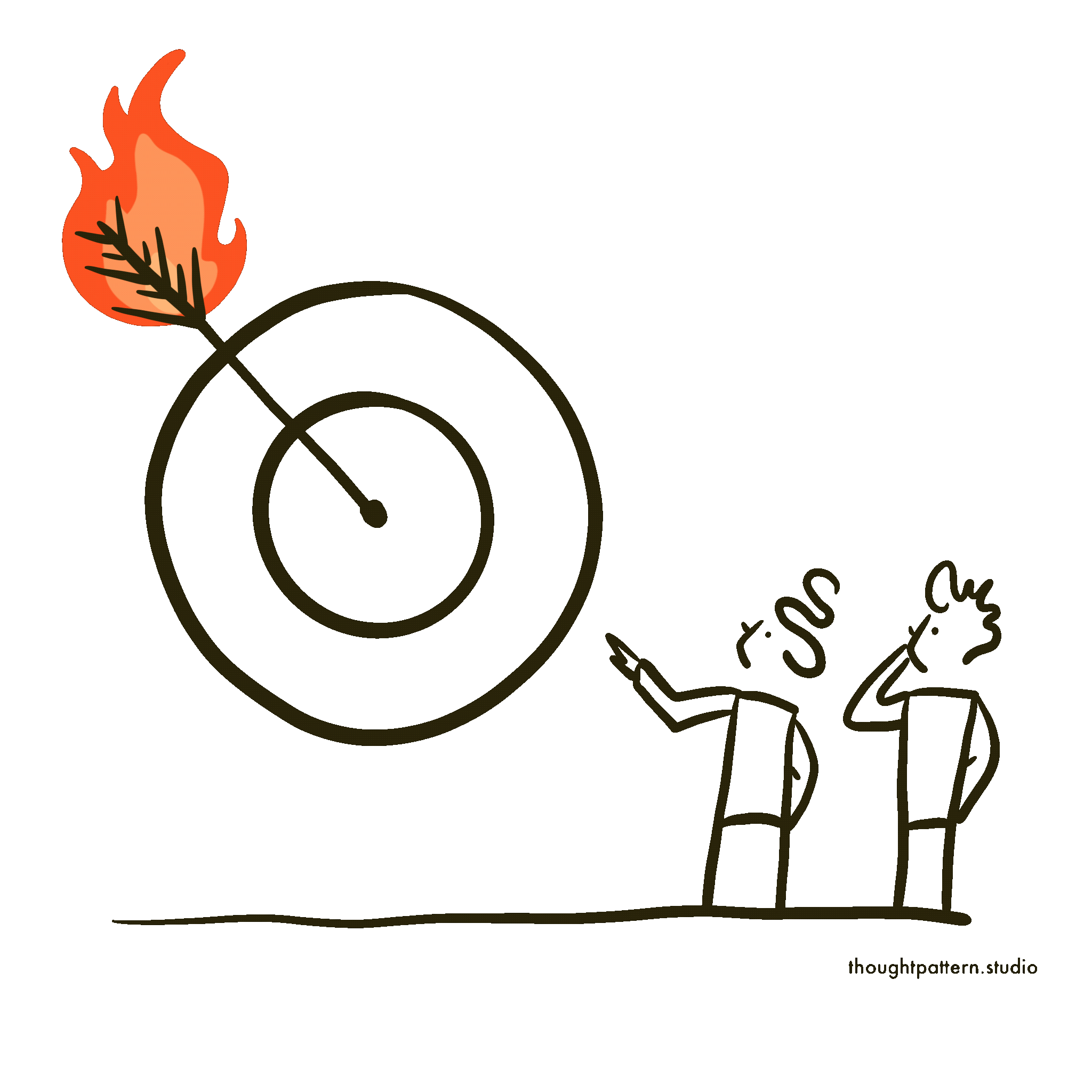 animated iamge of two people looking at a target with a flaming arrow sticking out of it