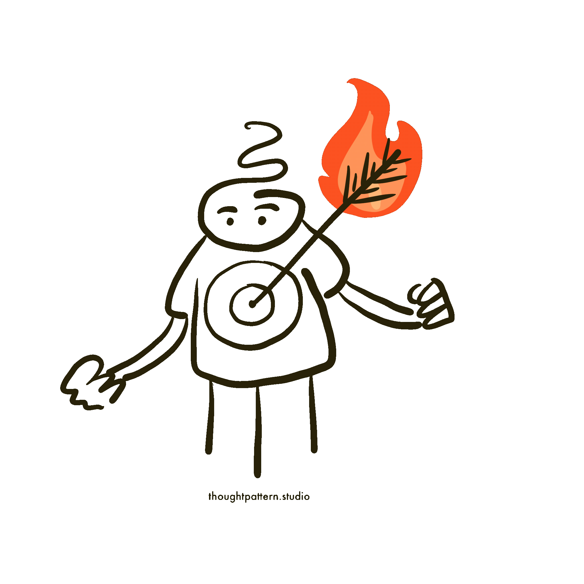 cute animated doodle of a person with a target on their front and a flaming arrow sticking out of it