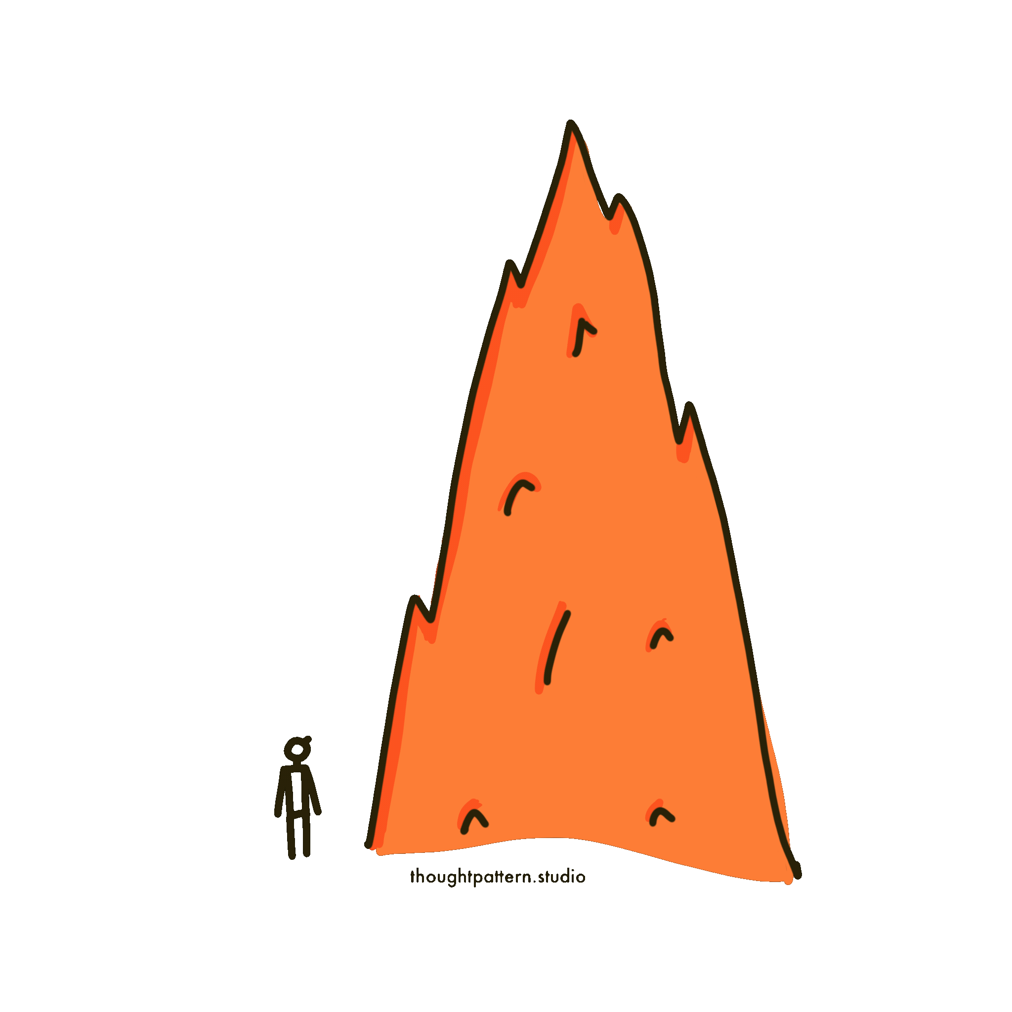 a small person standing next to a large orange mountain