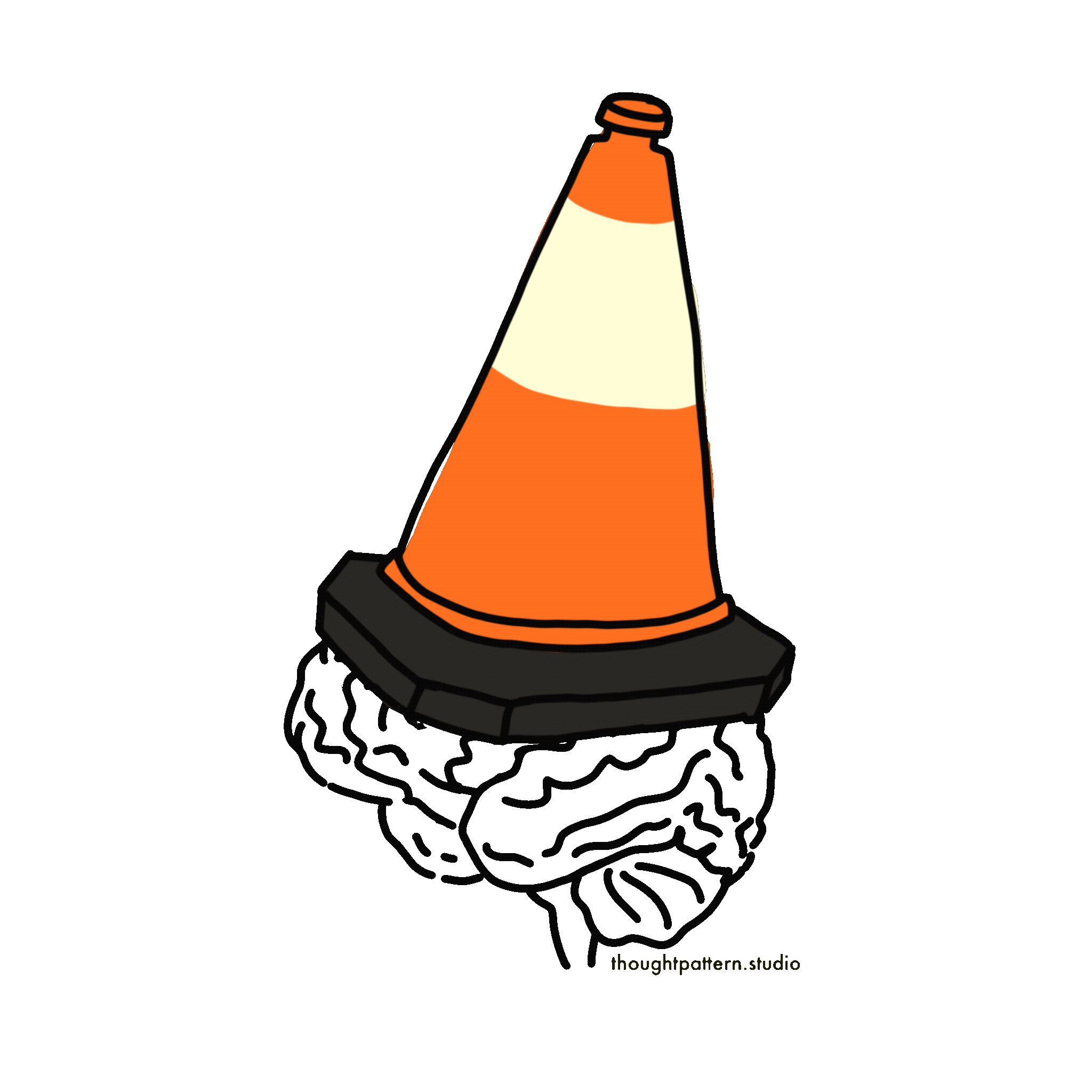 illustration of a brain with a traffic cone on top of it