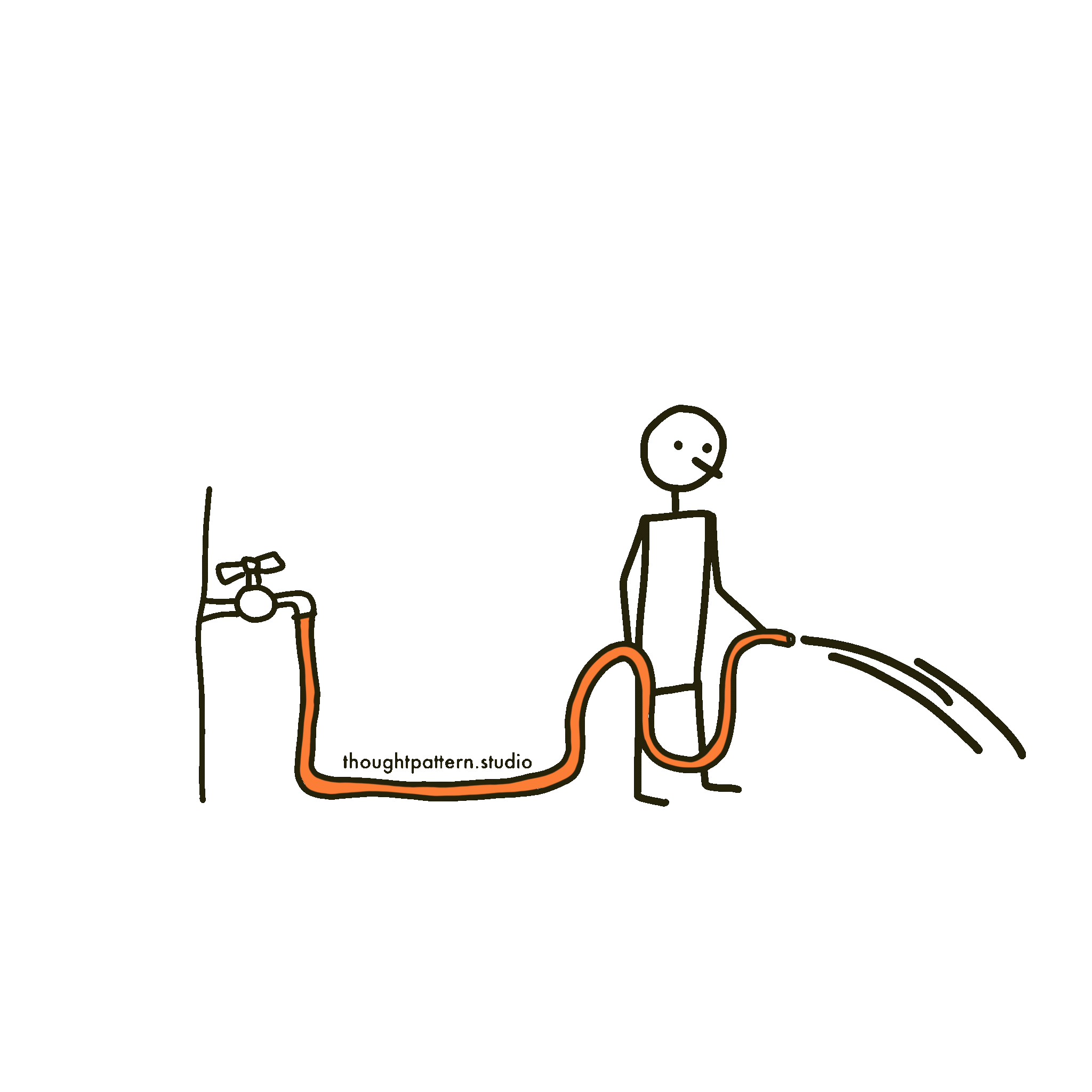 person with an orange water hose connected to a running tap