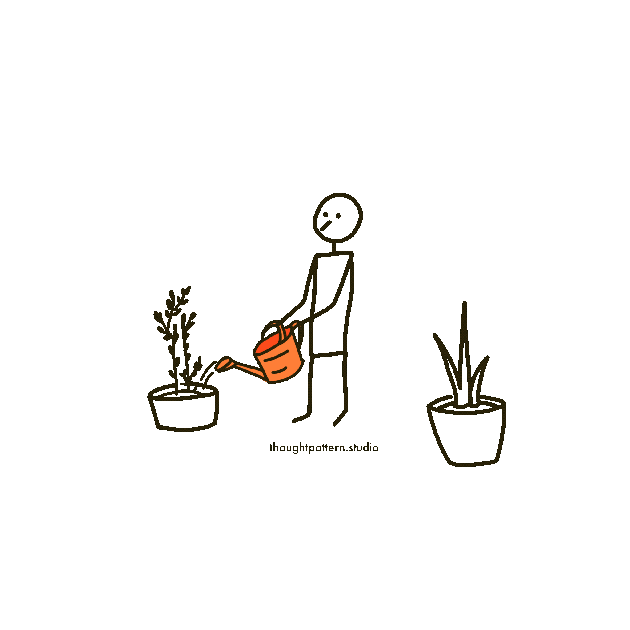 person with an orange watering can watering different plants