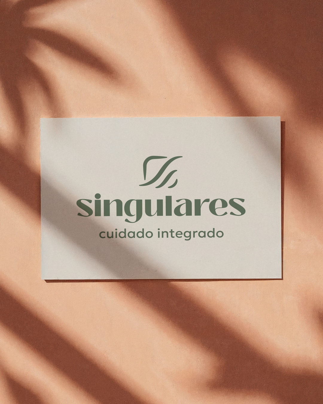 Cartão da Singulares Cuidado Integrado com logotipo verde sobre fundo terracota