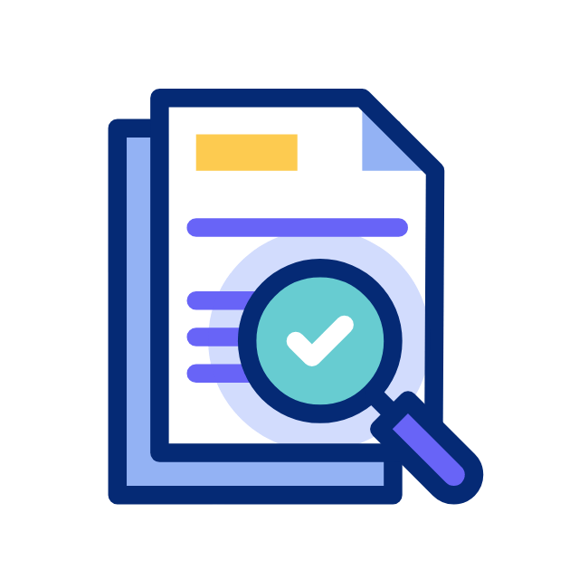 Icono lineal plano de una lupa con un símbolo de verificación revisando una pila de documentos.
