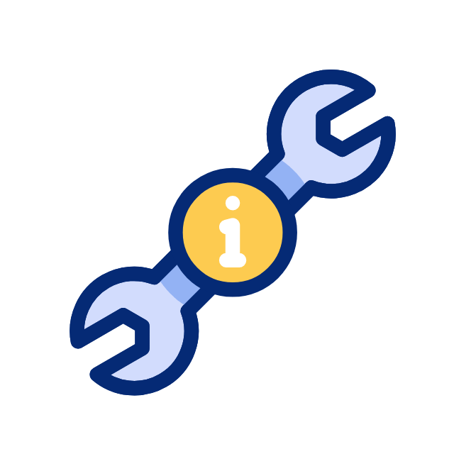 Icono de herramienta de llave inglesa azul con un símbolo de información en un círculo amarillo.