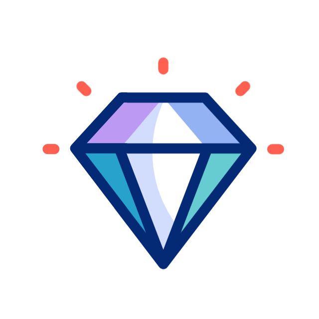 Icono de una gema de diamante colorido y brillante con destellos rojos.