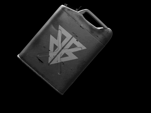 Rotating metal jerry can with a geometric white logo on a black background.