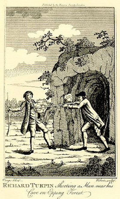 Vintage engraving of highwayman Dick Turpin shooting a man outside his cave in Epping Forest.