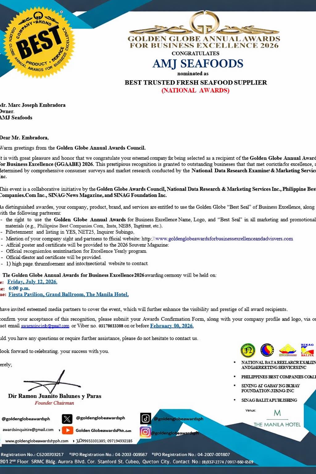 Golden Globe Annual Awards 2026