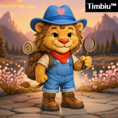 Timbiu, a small lion, stands holding a magnifying glass in his right paw, wearing a blue hat and car