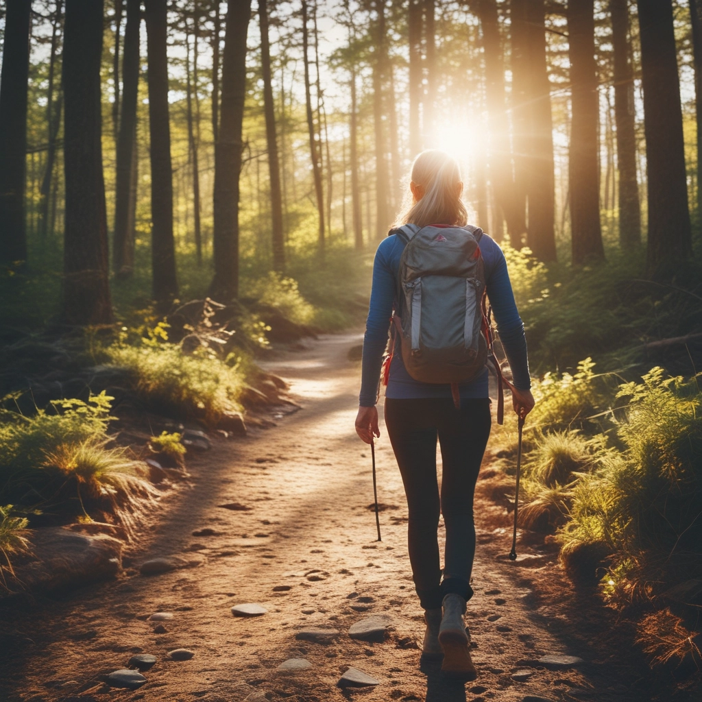 Woman hiking in forest at golden hour