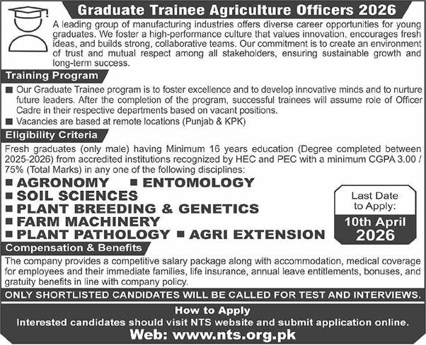 Graduate Trainee Agriculture Officers Program 2026 jobs advertisement for agronomy, soil science, pl