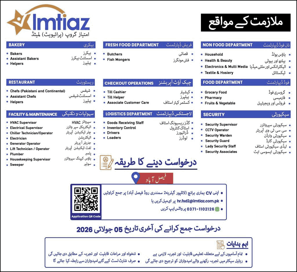 Imtiaz Super Market Jobs 2026 advertisement announcement for faisalabad branches