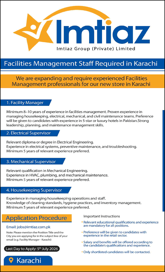 Imtiaz super market karachi jobs 2026 official adverisement