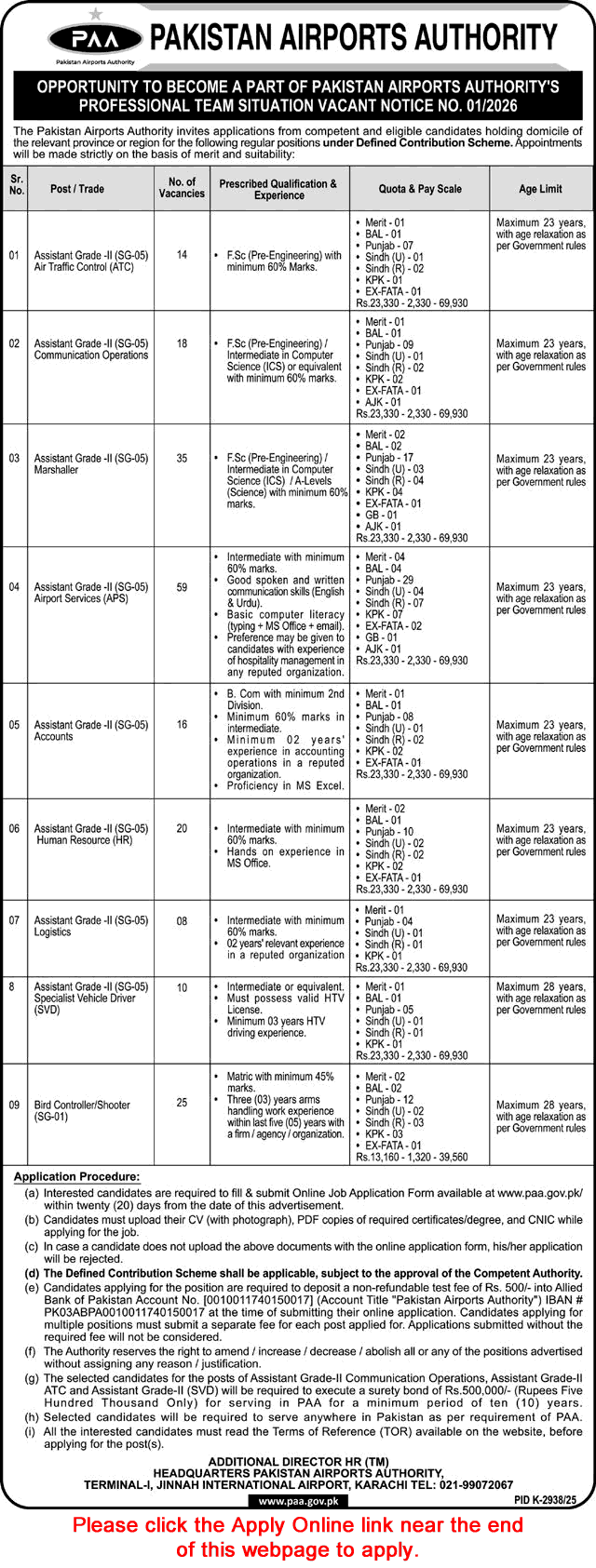 Pakistan Airports Authority PAA Jobs 2026 official advertisement showing vacancies for Assistant Gra
