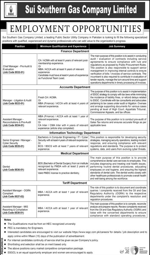 Official advertisement for Sui Southern Gas Company Limited (SSGC) Jobs 2026 showing multiple vacanc