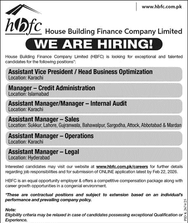 HBFC Jobs 2026 apply online House Building Finance Company latest banking jobs in Pakistan