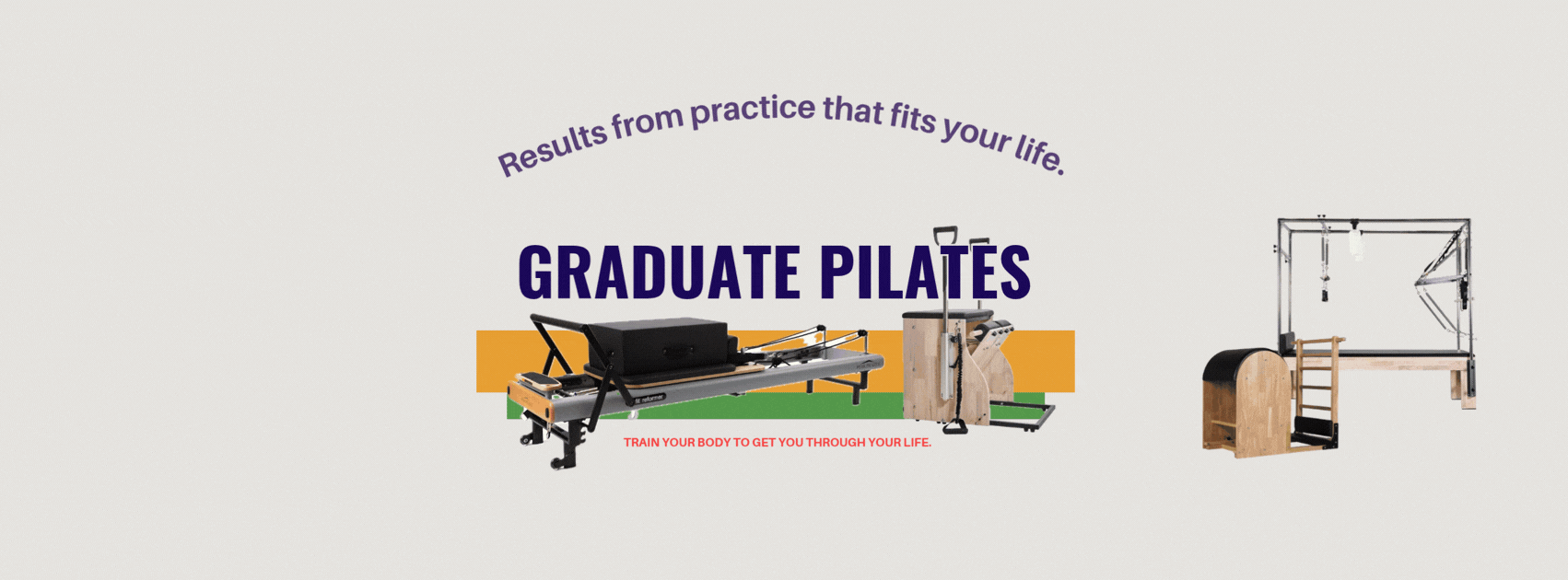 Graduate Pilates equipment including a professional reformer, Wunda chair, and Cadillac for fitness training.