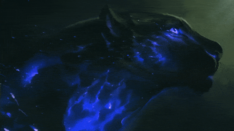 a painting of a cat with blue lights