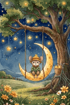 Gif de la portada animada del poemario 'Ratones y Bicicletas' de Óscar Ocaña Parrón. Ratoncito se columpia en una media luna