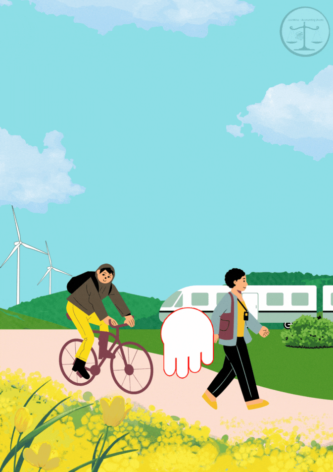 A person rides a bicycle on a dirt path while another walks alongside, with a camper van in the back