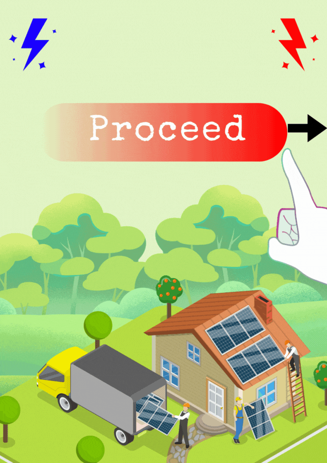 Three workers install solar panels on a house surrounded by lush greenery. One stands on a ladder, w