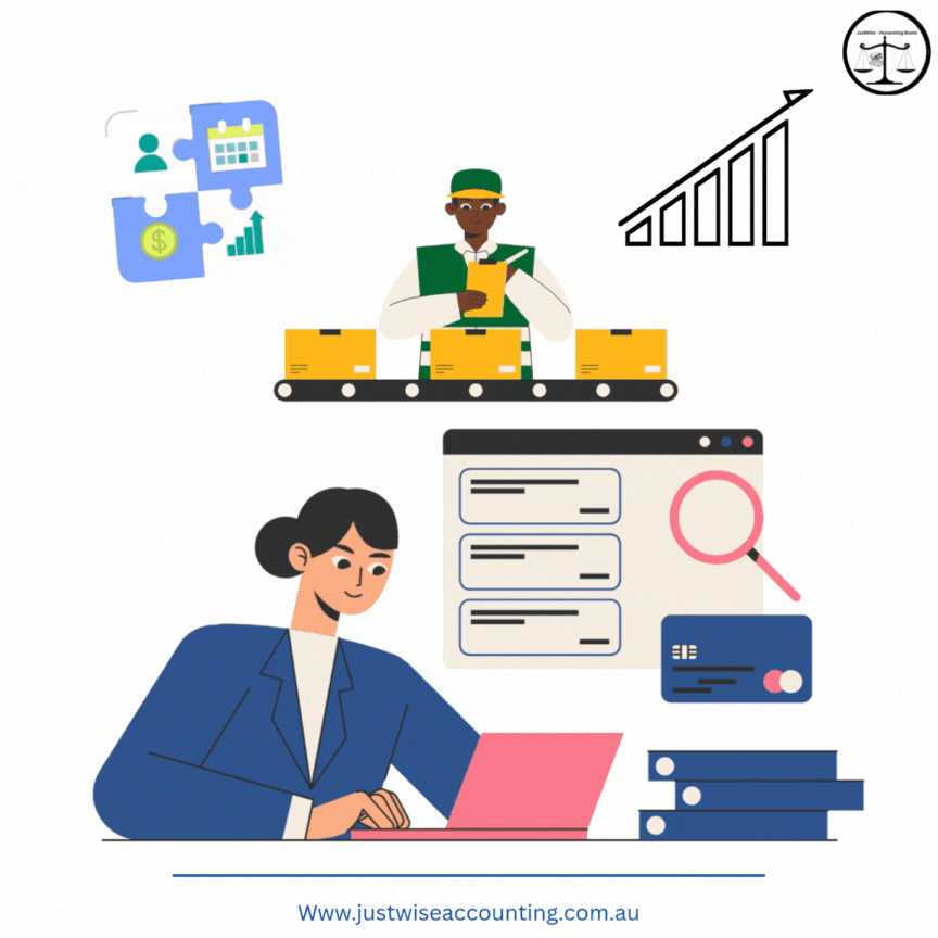 GIF of Woman working on laptop with icons: train, magnifying glass, credit card.