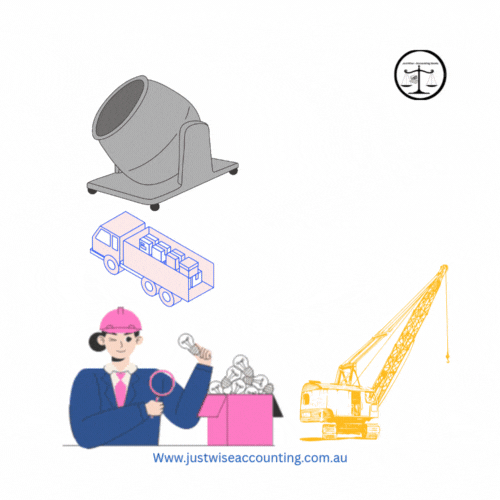 Icons of construction tools, skyscraper, justice scales, truck, crane, and magnifier with site link