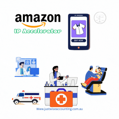 Amazon IP Accelerator banner with icons of medical, office, dental, gaming, and emergency services;
