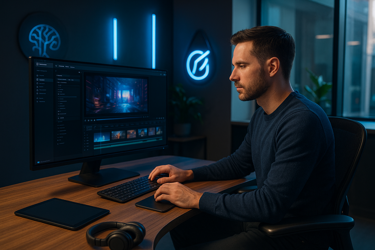 Monteur vidéo travaillant sur un logiciel de montage complexe