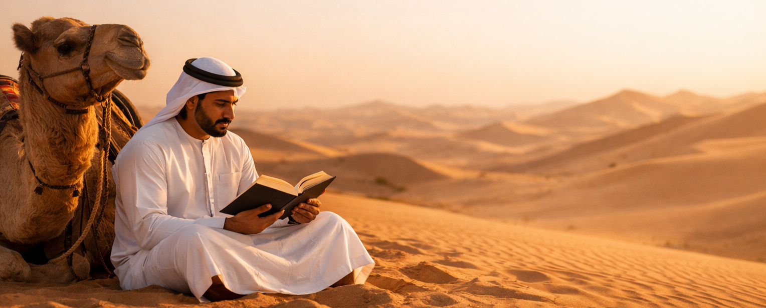 رجل عربي يقرأ كتابًا في الصحراء بجانب جمل
