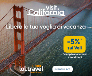 Banner promozionale lol.travel Visit California con immagine del Golden Gate Bridge e offerta -5% su
