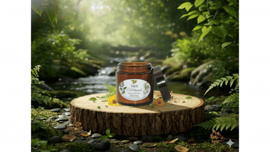 Natural skincare glass jar on a wooden stump in a lush green forest by a stream.