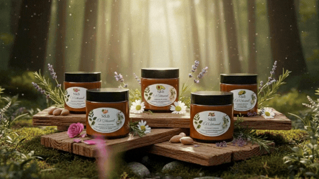 Natural skincare glass jars on wooden boards in a sunlit forest with lavender and chamomile herbs.