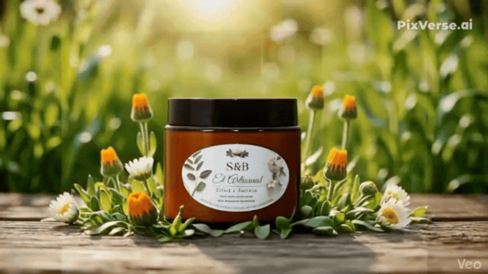 Amber glass jar of organic skincare cream surrounded by calendula flowers in a sunny field.